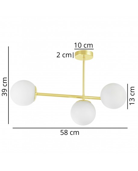 Złota lampa sufitowa z trzema matowymi kloszami o szerokości 58cm i wysokości 39cm