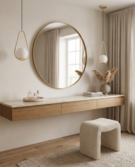 Para złotych lamp wiszących Vero 1C o mlecznych kloszach do stonowanej aranżacji z lustrem