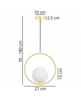 Nowoczesna złota lampa wisząca z okrągłą obręczą i białym kloszem, regulowana wysokość 35–180 cm