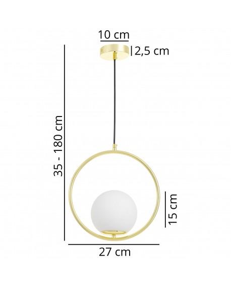 Nowoczesna złota lampa wisząca z okrągłą obręczą i białym kloszem, regulowana wysokość 35–180 cm