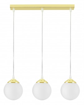 Lampa wisząca Lampit z trzema białymi kulami i złotymi detalami, elegancka oprawa do nowoczesnych wnętrz