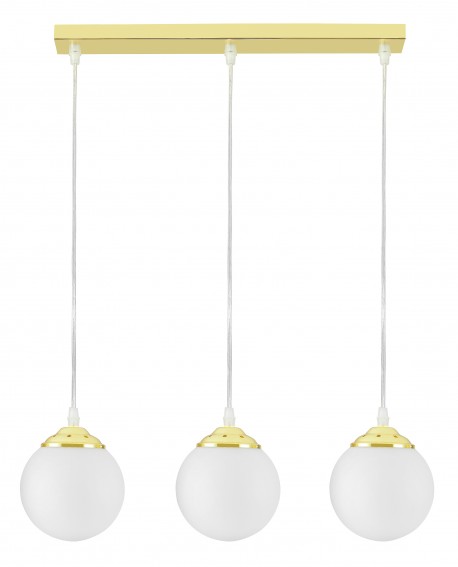 Lampa wisząca Lampit z trzema białymi kulami i złotymi detalami, elegancka oprawa do nowoczesnych wnętrz