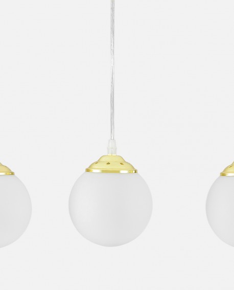  Minimalistyczna lampa wisząca z trzema białymi kulami i złotymi elementami, stylowe oświetlenie do wnętrz. Lampit