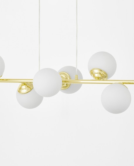 Lampa wisząca Lampit FINO W8 z ośmioma białymi kulami i złotą ramą na jasnym tle