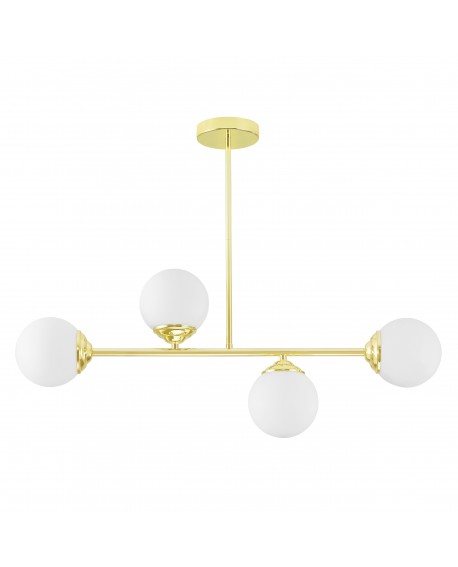 Złota lampa wisząca FINO W4 z czterema kulistymi kloszami z mlecznego szkła