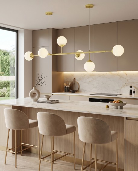 Oświetlenie nad wyspą FINO W6 lampa wisząca w jasnej, przestronnej kuchni