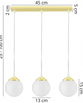 Lampa wisząca z trzema kulistymi kloszami o średnicy 13 cm w złotym wykończeniu, regulowana wysokość 25-100 cm
