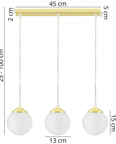 Lampa wisząca z trzema kulistymi kloszami o średnicy 13 cm w złotym wykończeniu, regulowana wysokość 25-100 cm