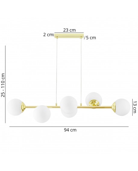 Rysunek techniczny wymiarów lampy wiszącej FINO W6 z sześcioma kloszami