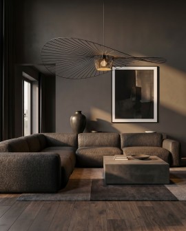 Designerska czarna lampa SOMBRERO D120 jako główny akcent oświetleniowy w przestronnym salonie