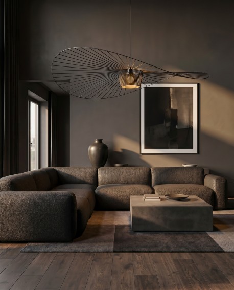Designerska czarna lampa SOMBRERO D120 jako główny akcent oświetleniowy w przestronnym salonie