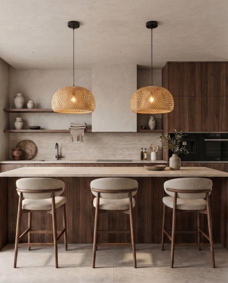 Bambusowa lampa wisząca Lampit BOHO 38 cm nad wyspą kuchenną w nowoczesnej kuchni