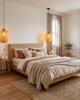 Bambusowa lampa wisząca Lampit BOHO 24 cm nad łóżkiem w jasnej sypialni w stylu boho