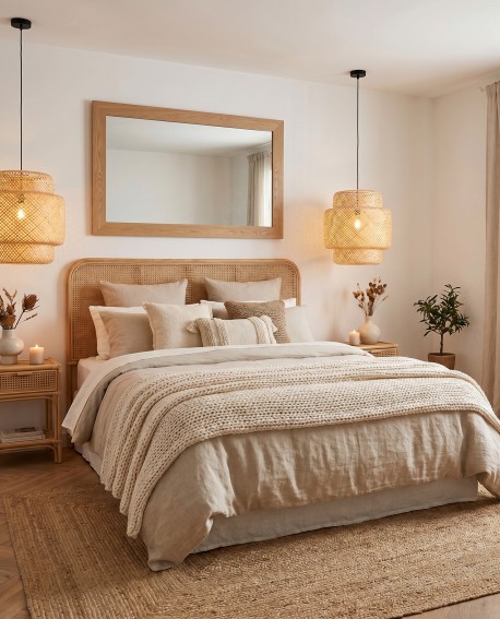 Pleciona lampa wisząca bambusowa Lampit BOHO zawieszona po obu stronach łóżka w jasnej sypialni w stylu boho