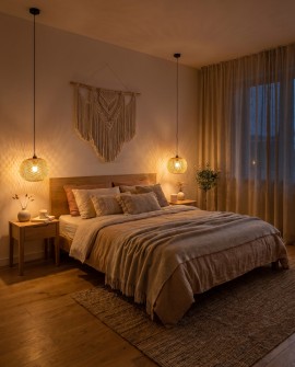 Bambusowy żyrandol wiszący Lampit BOHO po obu stronach łóżka w sypialni boho
