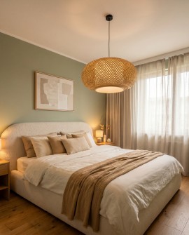 Naturalna lampa wisząca tworząca ciepły klimat w sypialni