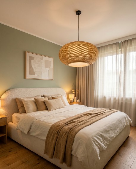Naturalna lampa wisząca tworząca ciepły klimat w sypialni