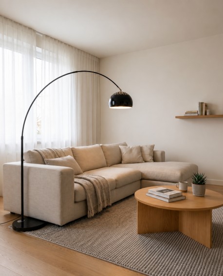  Czarna lampa podłogowa AZURRO Lumina Deco w nowoczesnym salonie z beżową sofą
