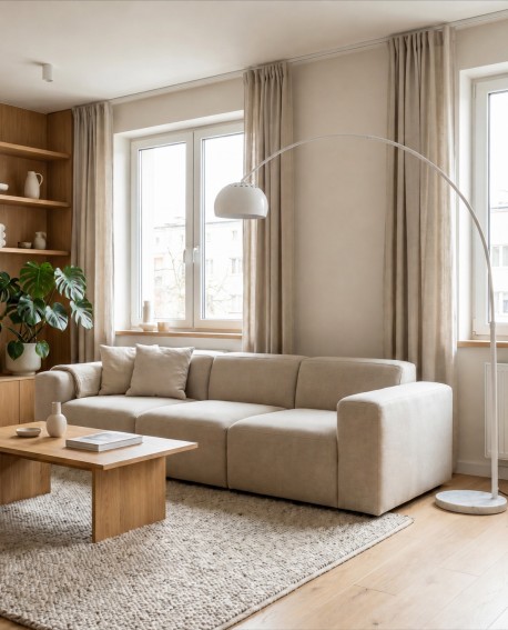  Łukowa lampa AZURRO C1 w stylu nowoczesnym ustawiona przy beżowej sofie w eleganckim wnętrzu