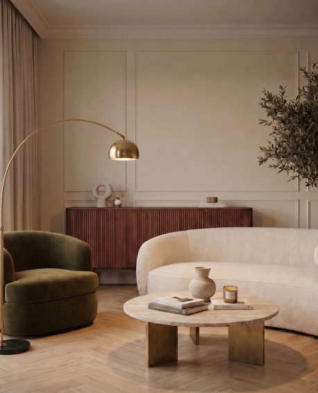 Łukowa lampa podłogowa AZURRO C1 Lumina Deco z mosiężnym kloszem jako designerski akcent salonu
