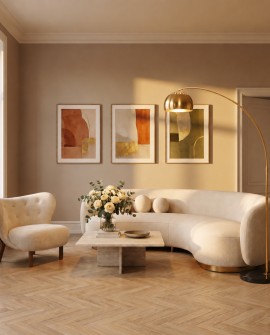 Mosiężna lampa stojąca AZURRO B1 z metalowym kloszem w minimalistycznej aranżacji salonu