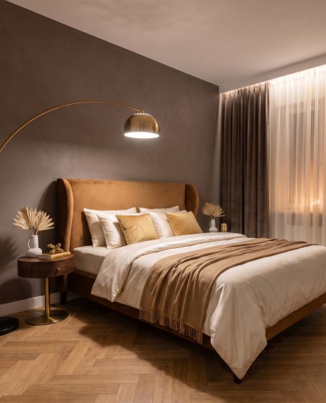 Mosiężna lampa Lumina Deco AZURRO B1 przy łóżku tworząca przytulne oświetlenie w sypialni