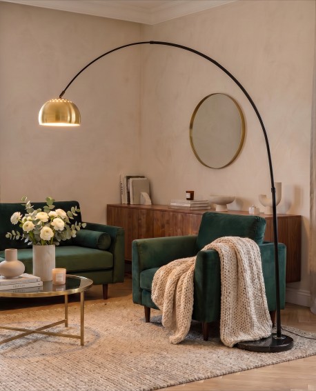 Elegancka lampa podłogowa czarno-mosiężna z granitową podstawą do salonu Lumina Deco