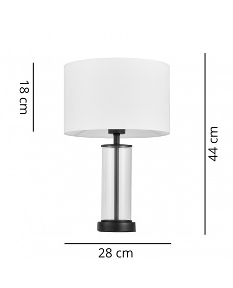 Elegancka lampka stołowa Leona w stylu glamour z białym abażurem pokazana z wymiarami