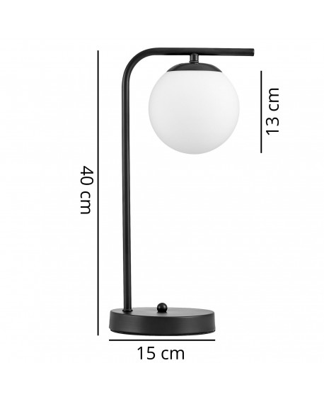 Wymiary nowoczesnej czarnej lampy stołowej z białym kloszem Lampit TESO W1