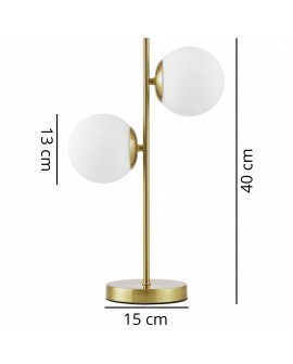 Widok wymiarów lampy stołowej z serii TESO: wysokość 48 cm średnica podstawy 15 cm