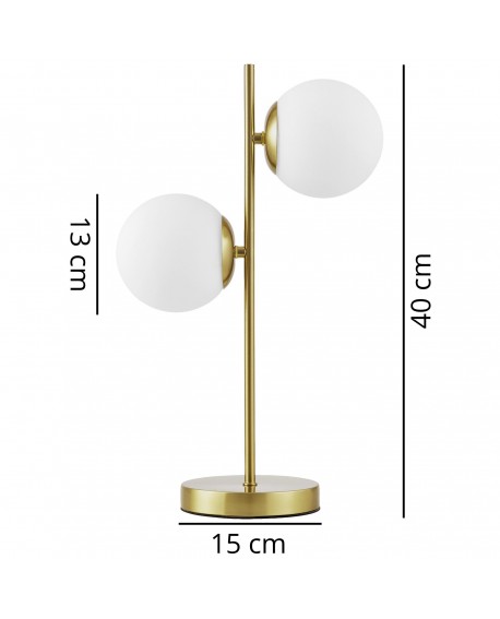 Widok wymiarów lampy stołowej z serii TESO: wysokość 48 cm średnica podstawy 15 cm