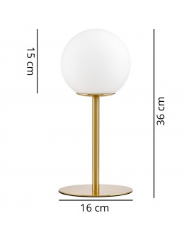 Lampka biurkowa Fredica Lumina Deco w kształcie kuli z metalową podstawą i opisem rozmiaru