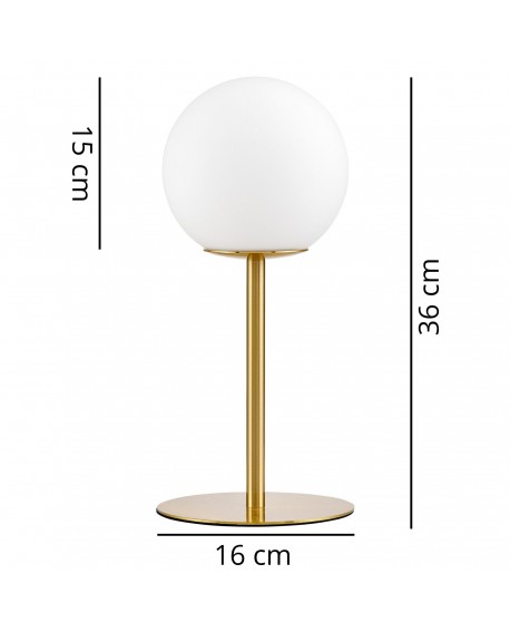 Lampka biurkowa Fredica Lumina Deco w kształcie kuli z metalową podstawą i opisem rozmiaru