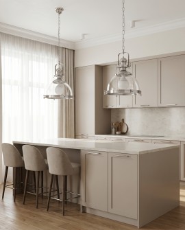 Przezroczysta lampa metalowo-szklana FALCO w aranżacji z białymi meblami kuchennymi