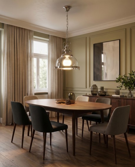 Oświetlenie w stylu loft FALCO z przezroczystym kloszem nad stołem w klasycznej jadalni