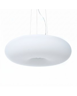 Nowoczesna owalna lampa z metalu i szkła zawieszona na cienkich nitach