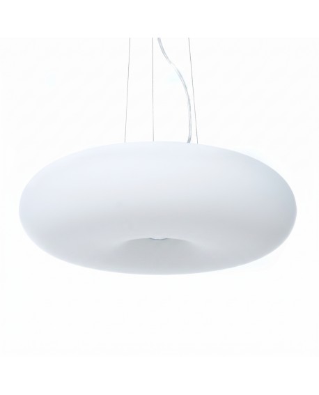 Nowoczesna owalna lampa z metalu i szkła zawieszona na cienkich nitach
