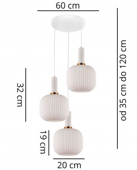 Lampa wisząca GATO Lumina Deco z wymiarami i trzema żłobionymi kloszami