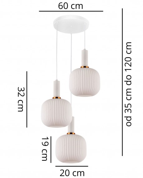 Lampa wisząca GATO Lumina Deco z wymiarami i trzema żłobionymi kloszami