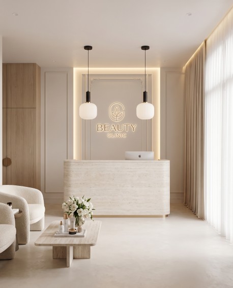 Lampa wisząca nad recepcją w eleganckim wnętrzu salonu urody
