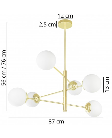 Złota lampa wisząca z sześcioma białymi kloszami przedstawiona z wymiarami: 75 cm wysokości i 87 cm szerokości