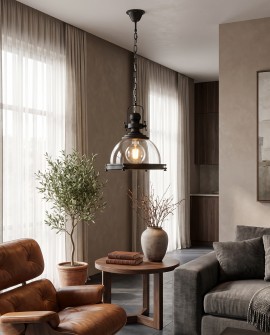 Industrialna czarna lampa wisząca FALCO z transparentnym kloszem jako oświetlenie salonu