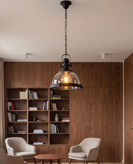 Czarna lampa wisząca z przezroczystym kloszem w domowej bibliotece z drewnianą zabudową