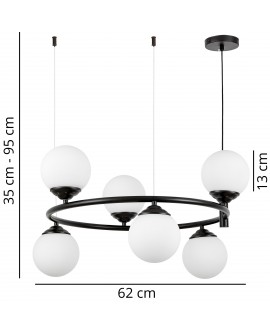 lampa wisząca Fino Ring W6 w czarnej oprawie z sześcioma białymi kulami, regulowana wysokość 35-95 cm, średnica 62 cm