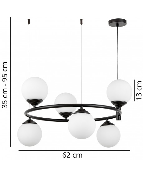 lampa wisząca Fino Ring W6 w czarnej oprawie z sześcioma białymi kulami, regulowana wysokość 35-95 cm, średnica 62 cm