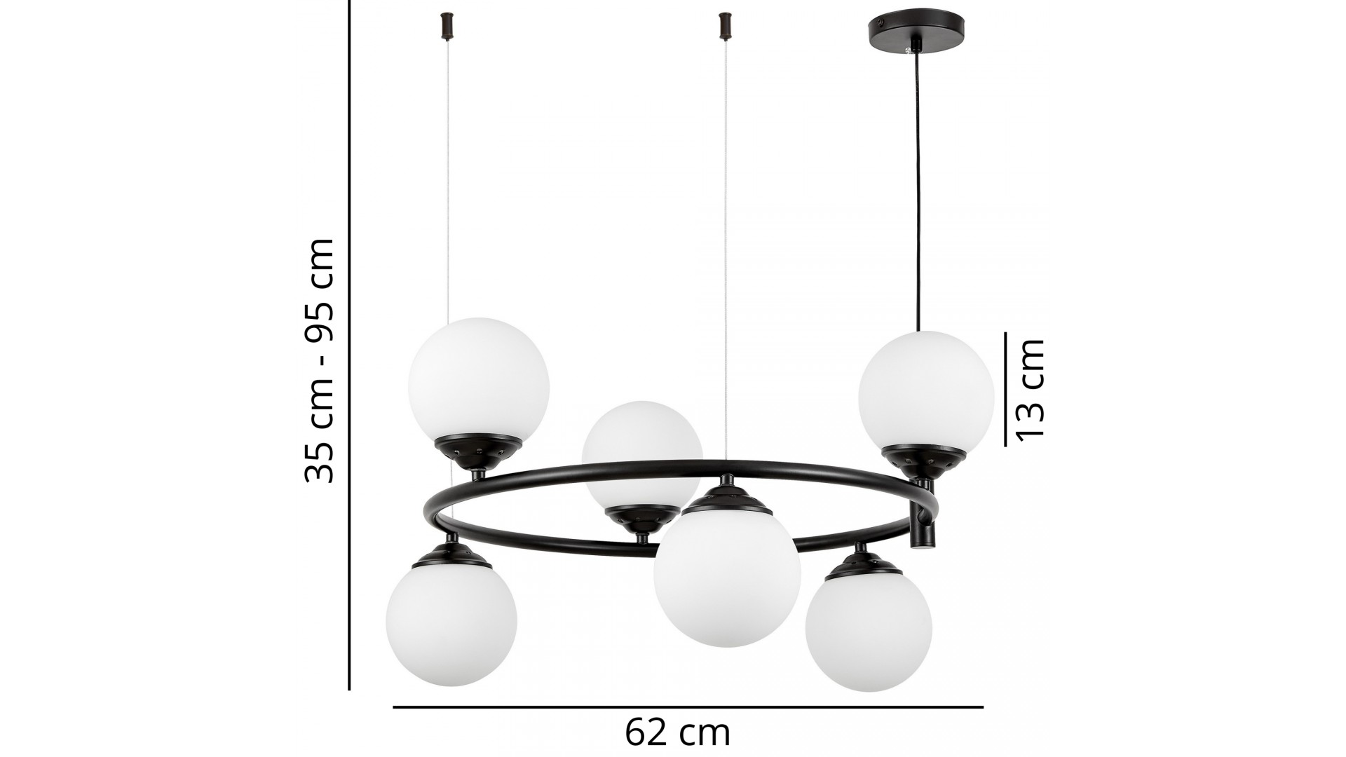 lampa wisząca Fino Ring W6 w czarnej oprawie z sześcioma białymi kulami, regulowana wysokość 35-95 cm, średnica 62 cm