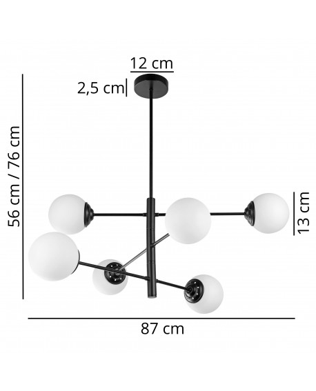 nowoczesna lampa sufitowa wisząca czarna z sześcioma kulistymi kloszami Lampit Fino W6 wymiary lampy
