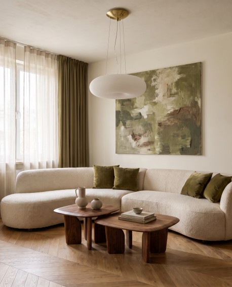 Biało-złota lampa wisząca BIANTE D38 Lumina Deco w nowoczesnym salonie z kremową sofą