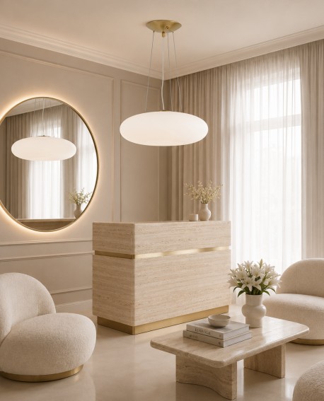 Lampa wisząca z białym szklanym kloszem BIANTE D48 jako centralny punkt nowoczesnego salonu