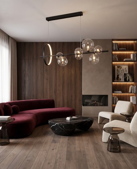 Nowoczesna lampa wisząca MERIDO W7 Lumina Deco w eleganckim salonie nad stolikiem